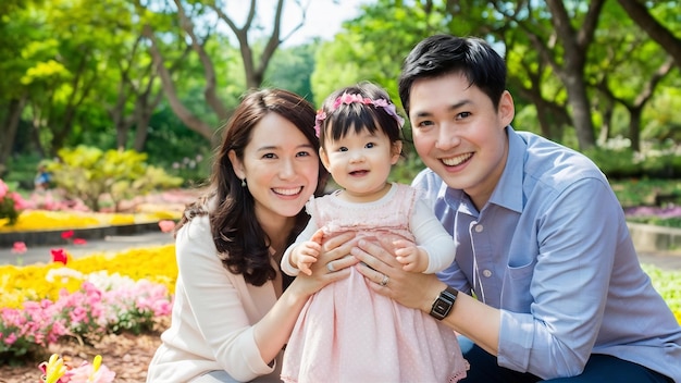 Familia con una hija pequeña juntos en el parque