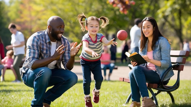 Familia con una hija pequeña en el parque