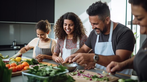 Foto família hispânica feliz se divertindo cozinhando juntos na cozinha moderna conceito de unidade de alimentos e pais