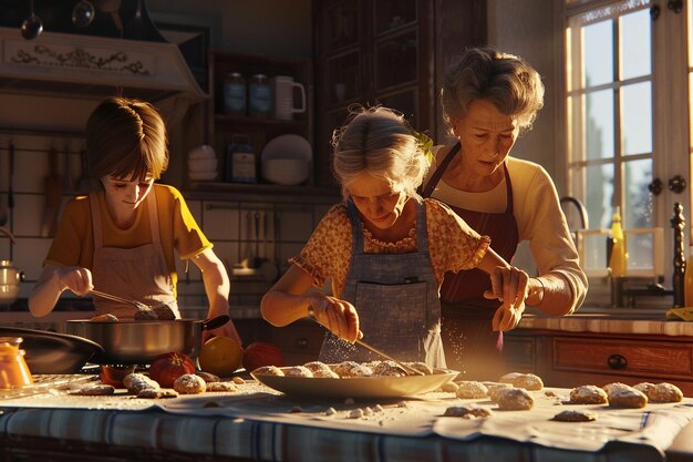 Foto la familia horneando galletas en la cocina