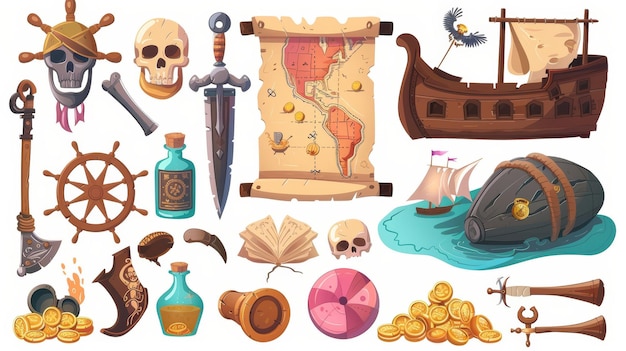 Foto la familia de iconos piratas se compone de mapa, tesoro, cráneo, espada, brújula y mapa del mar. conjunto de dibujos animados modernos de equipo de barco, timón de madera, bombas, balas de cañón, monedas de oro, espejismo y botella.