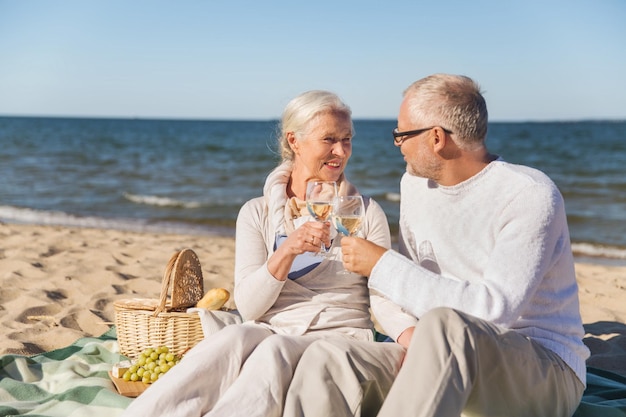 família, idade, viagens, turismo e conceito de pessoas - feliz casal sênior fazendo piquenique e conversando na praia de verão