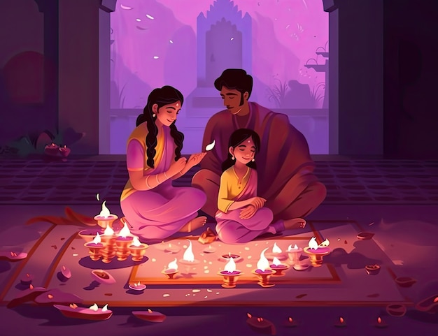 Familia india celebra el fondo del festival Diwali con Rangoli decorado y Diya Ai generados