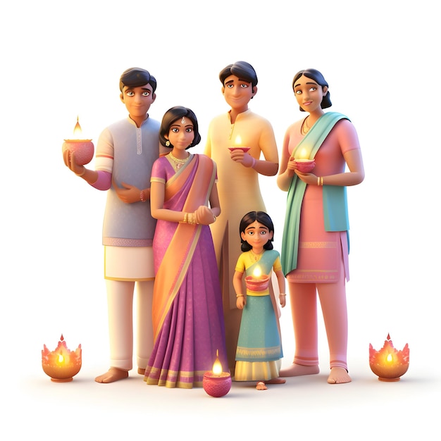 Familia india celebrando diwali con velas encendidas en 3D