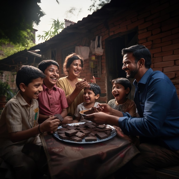 Familia india comiendo chocolate oscuro en casa
