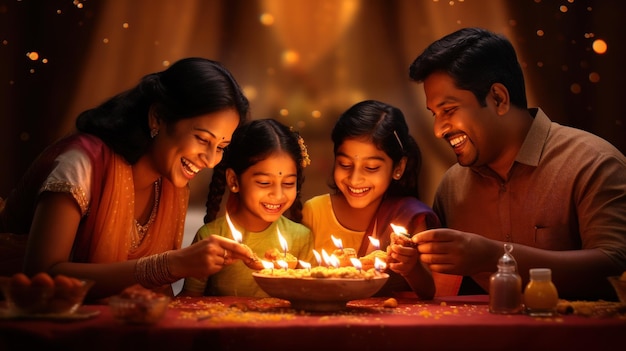 Familia india encendiendo diya o lámpara de aceite y celebrando el festival diwali