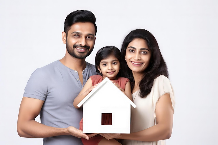 familia india feliz casa de ensueño residencial con modelo 3D