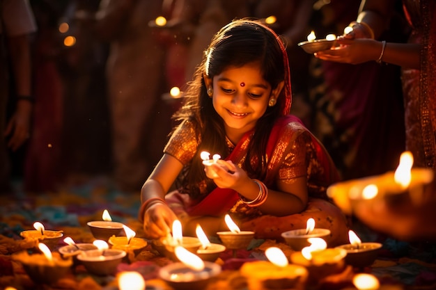 Familia india en un sari tradicional encendiendo una lámpara de aceite y celebrando Diwali o Deepavali fesitval de