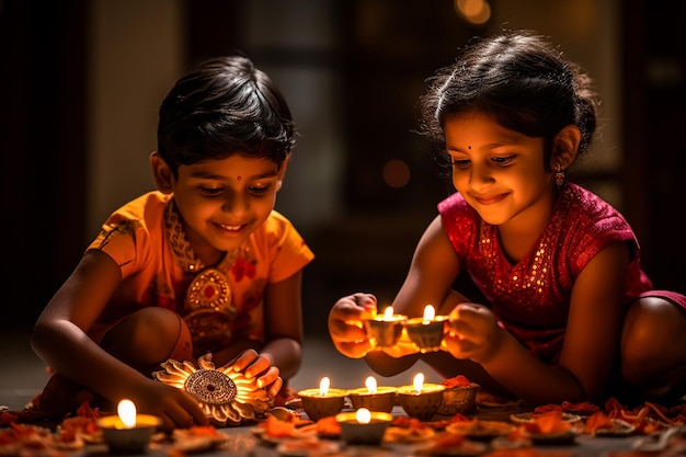 Familia india en un sari tradicional encendiendo una lámpara de aceite y celebrando Diwali o Deepavali fesitval de