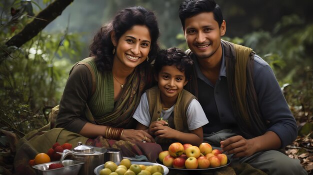 Foto una familia india está sonriendo y disfrutando de un picnic