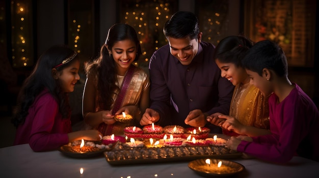 Família indiana acendendo lâmpadas a óleo e celebrando Diwali ou deepavali fesitval de luzes em casa