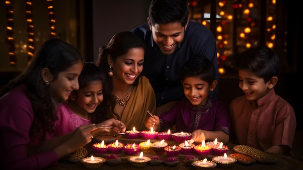 Família indiana acendendo lâmpadas a óleo e celebrando Diwali ou deepavali fesitval de luzes em casa