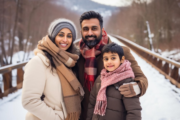 Família indiana desfrutando de férias na estação fria