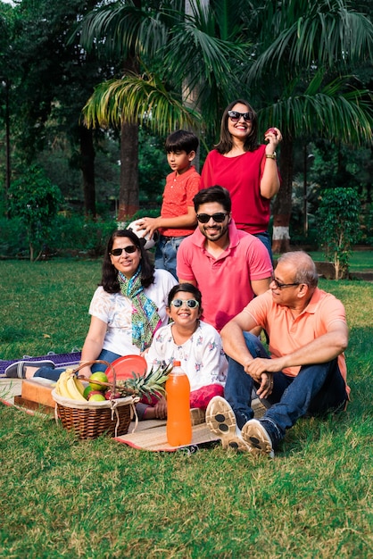 Família indiana desfrutando piquenique - multi geração de família asiática sentada no gramado ou grama verde no parque com cesta de frutas, esteira e bebidas. foco seletivo