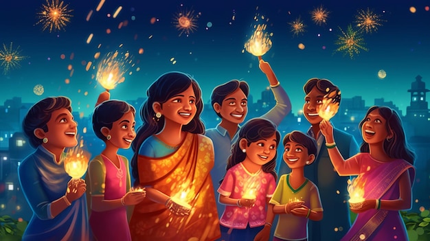 Família indiana feliz celebrando o festival de Diwali Generative Ai