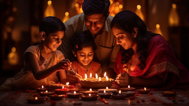 Foto família indiana feliz iluminando diya em casa durante o diwali