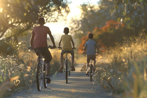 Familia interracial en bicicleta a través de una ruta panorámica