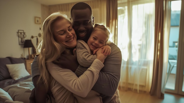 Família interracial feliz abraçando-se em casa