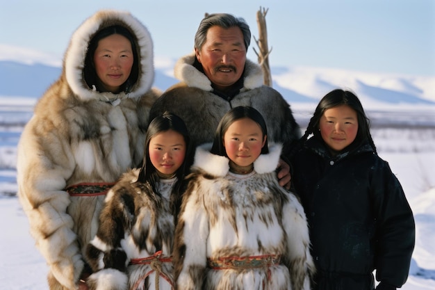 Família inuit em trajes tradicionais do Alasca