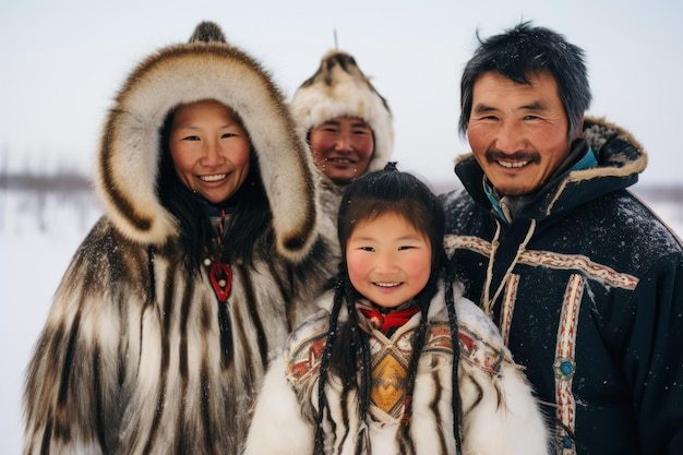 Família inuit em trajes tradicionais do alasca