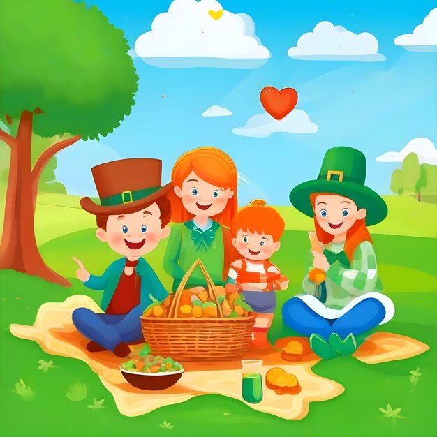 Foto família irlandesa fazendo um piquenique festivo ao ar livre no dia de são patrício ilustração ai gerar imagem