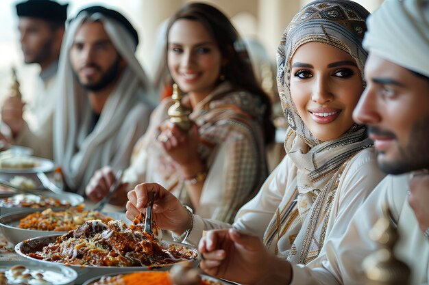 Foto família islâmica celebrando o eid aladha em torno de uma mesa festiva com pratos tradicionais