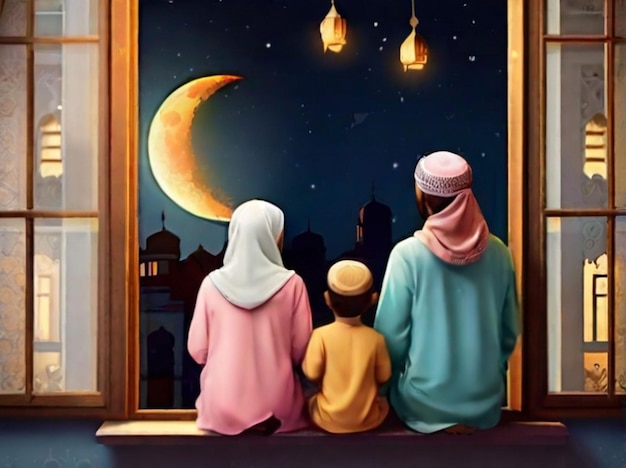 Familia islámica mirando la luna y la estrella desde la ventana del festival de Eid de Ramadán