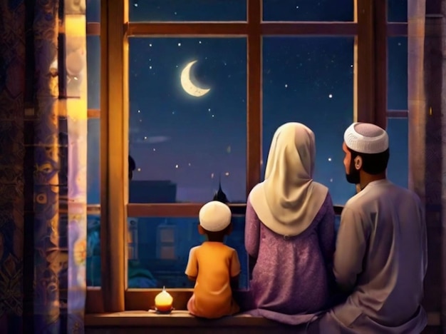 Familia islámica mirando la luna y la estrella desde la ventana del festival de Eid de Ramadán