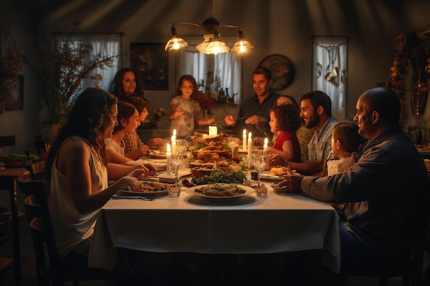 Família jantando em um quarto escuro com uma mesa cheia de comida e velas