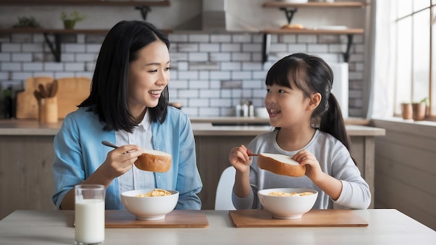 Família japonesa asiática tem pequeno-almoço em casa
