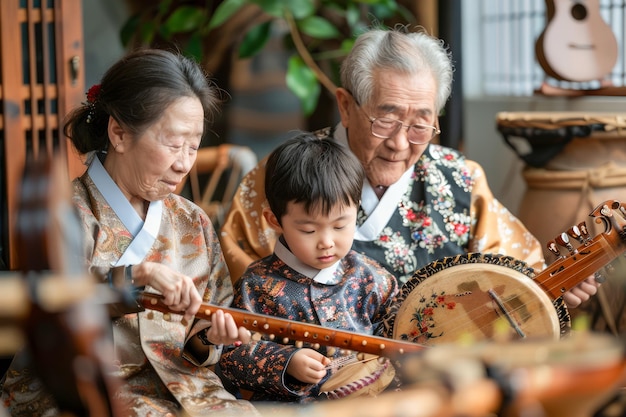 La familia japonesa multigeneracional se une a través de las lecciones de música tradicional en el hogar