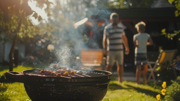 Familia en el jardín haciendo barbacoa con salchichas y carne de barbacoa y humo