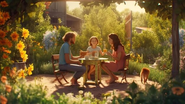 Familia en el Jardín en Verano Vida Saludable