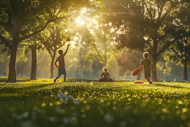 Foto família jogando frisbee no parque