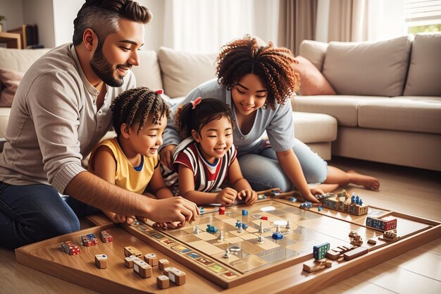 Foto família jogando um jogo de tabuleiro em casa