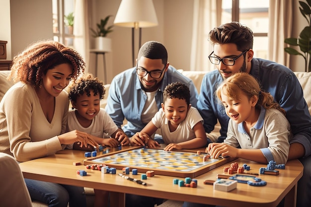 Foto família jogando um jogo de tabuleiro em casa