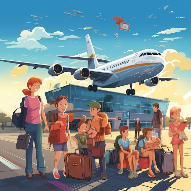 Família jovem com bagagem no aeroporto Conceito de viagens e turismo