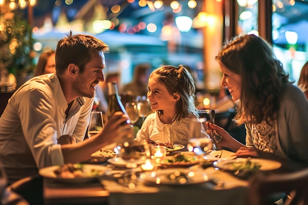 Foto família jovem com crianças a jantar num restaurante