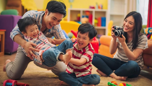 Família jovem com seus filhos em casa se divertindo