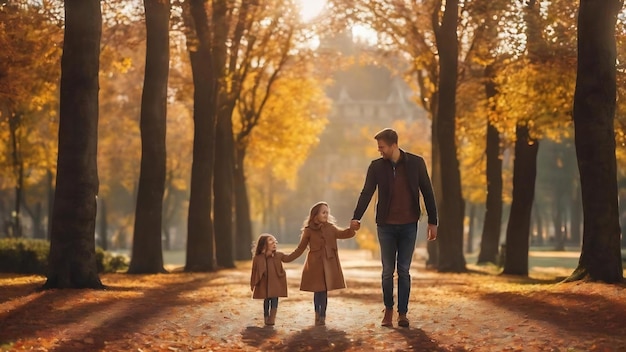 Família jovem com sua filha pequena no parque de outono