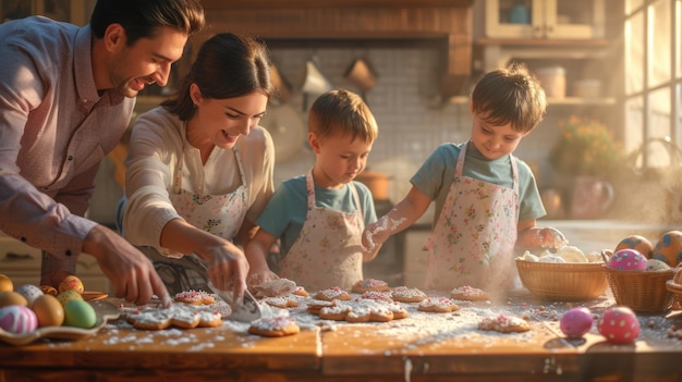Família jovem e alegre com a filha pequena fazendo padaria na cozinha