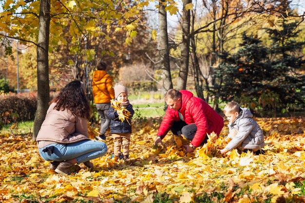 Família jovem feliz com três filhos no parque outono. Amor e ternura. Ande na época dourada.