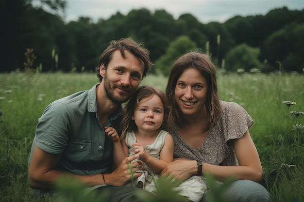 Família jovem feliz sentada em um prado Generative AI ilustração