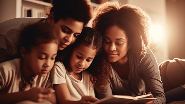 Família jovem lendo um livro juntos em casa