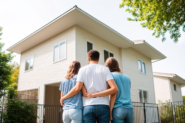 Família jovem olhando para sua nova casa de pé com as costas investindo na compra de imóveis