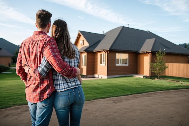 Família jovem olhando para sua nova casa de pé com as costas investindo na compra de imóveis
