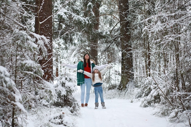 Família jovem para passear. Mãe e filha estão caminhando em um parque de inverno.