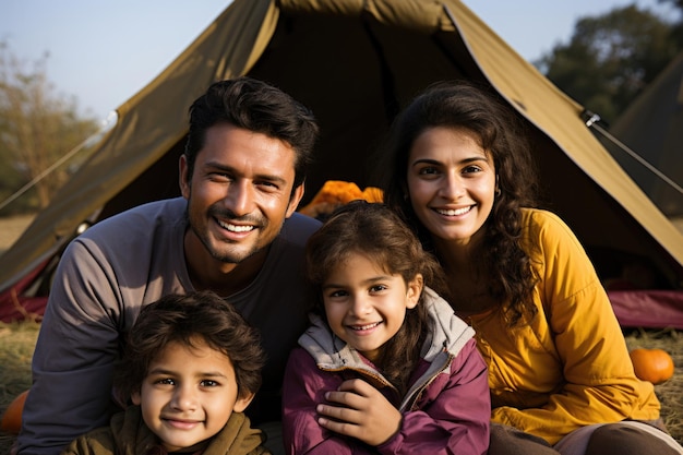 Familia joven asiática india acampando en la naturaleza