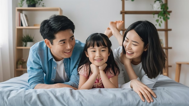 Familia joven asiática padre madre e hija jugando en la cama en casa