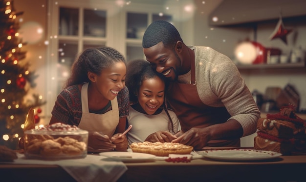 Familia joven de cinco personas en pijama de Navidad haciendo galletas en la cocina con la IA generativa de Christm